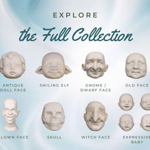 K&ouml;nnte beinhalten: Eine Sammlung von acht verschiedenen cremewei&szlig;en skulptierten Gesichtern und K&ouml;pfen mit der Aufschrift EXPLORE the Full Collection. Das Set enth&auml;lt eine Puppe, einen l&auml;chelnden Elf, einen Gnom, ein altes Gesicht, einen Clown, einen Totenkopf und vier Babygesichter.
