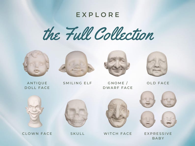 K&ouml;nnte beinhalten: Eine Sammlung von acht verschiedenen cremewei&szlig;en skulptierten Gesichtern und K&ouml;pfen mit der Aufschrift EXPLORE the Full Collection. Das Set enth&auml;lt eine Puppe, einen l&auml;chelnden Elf, einen Gnom, ein altes Gesicht, einen Clown, einen Totenkopf und vier Babygesichter.