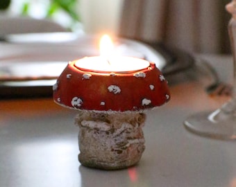 Handpainted Gypsum Mushroom Candle Holder, Cottagecore Decor
