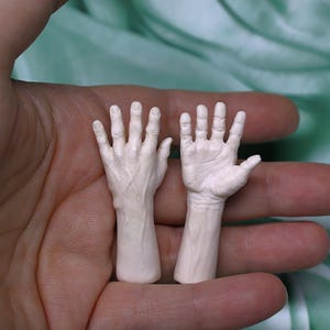 May include: Two small, detailed, off-white sculptures of human hands. One hand is open, the other is closed. The hands are held in a larger hand, with a soft green background.