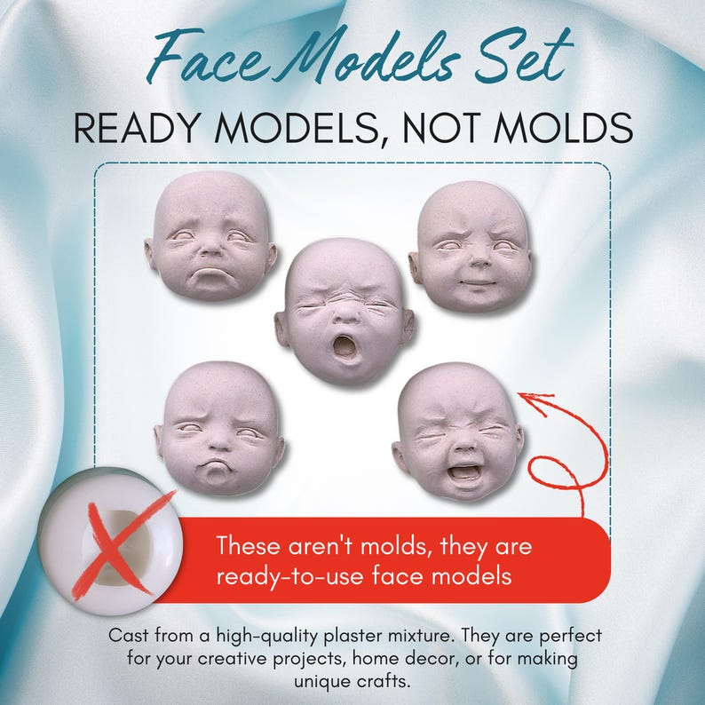 Ready Made Set of Doll Faces – Tiny Baby Doll Head, Small Doll Parts for Doll Making, Handmade Mini Doll Supplies, Emotional Faces Set No. 3 image 3