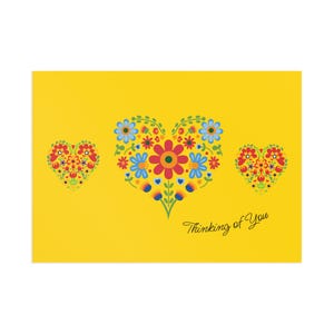 Cuori di ringraziamento gialli vibranti, guarigione, gratitudine, arte popolare, beneficenza, amicizia, carte di connessione spirituale, energia positiva, carta gialla