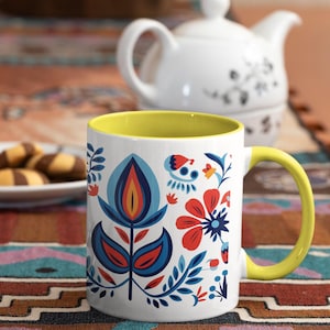 Polsk folkkonstmugg, livfull keramisk kaffekopp, handgjord designpresent till henne, Kubek Ludowy