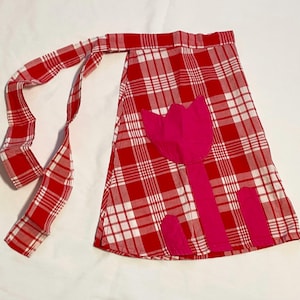 Vintage Red and White Apron with flower pocket Handmade Apron