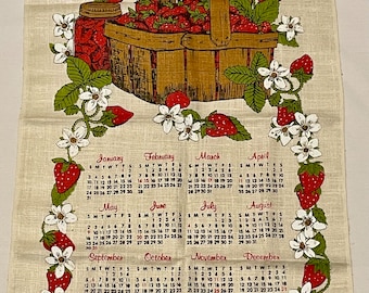 Calendar Towel, 1982, Kitchen Vintage Towel, Calendar Towel with Basket of Strawberries