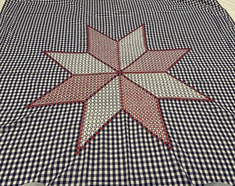 Vintage Gingham Tablecloth, Blue and White Gingham Tablecloth with a Star, Chicken Scratch Embroidery