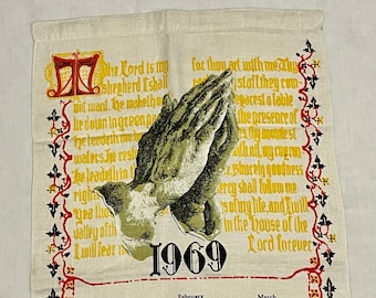 Vintage Calendar Towel, Tea Towel,  1969, Calendar Tea Towel, Praying Hands with prayer