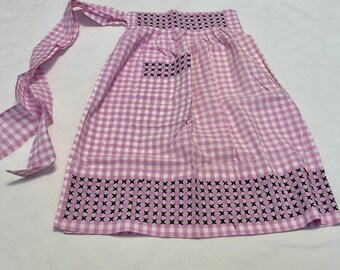 Vintage Apron with Embroidery, Pink Gingham Apron Chicken Scratch Embroidery, Handmade Apron