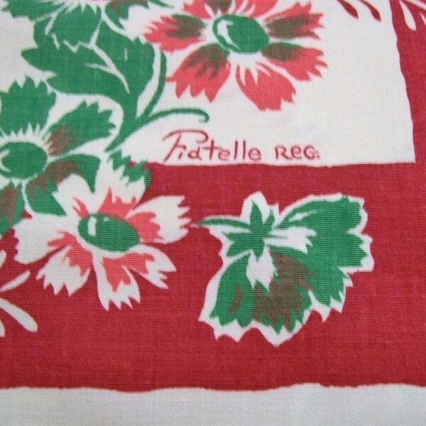 Manteles vintage, años 1950 impreso mantel por Fiatelle, mantel con flores rojas, linos de tabla, de los años 1950 Vintage mantel