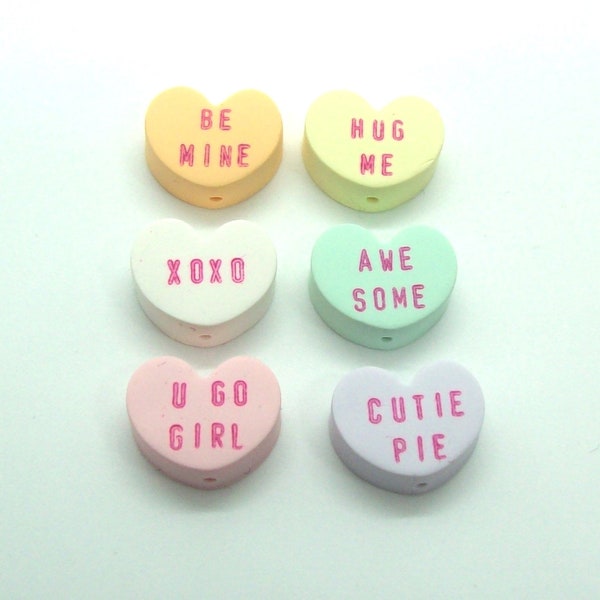 Conversation Heart Beads for Valentine's Day - Handmade from Polymer Clay - Vertical Holes