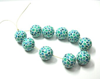 Round Handmade Beads - Polymer Clay - Mosaic in Blues