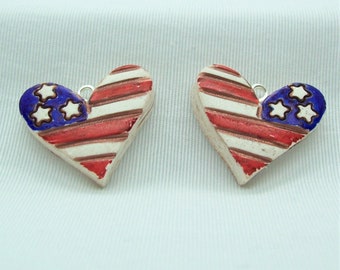 Rustic Patriotic Flag Heart Beads Handmade from Polymer Clay