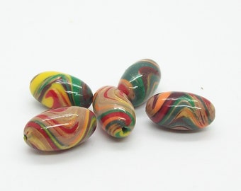 Polymer Clay Beads - Fall Leaf Colors Swirled Oval Handmade Beads  Loose Beads for Jewelry Artist Makers