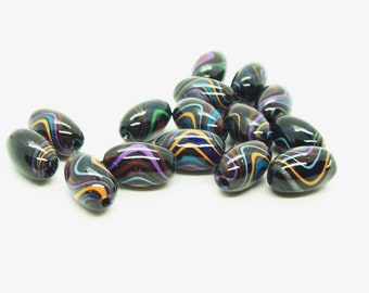 Polymer Clay Beads - Black with Rainbow Swirled Oval Handmade Beads  Loose Beads for Jewelry Artist Makers