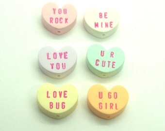 Conversation Heart Beads for Valentine's Day - Handmade from Polymer Clay - Vertical Holes