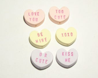 Conversation Heart Beads for Valentine's Day - Handmade from Polymer Clay - Vertical Holes