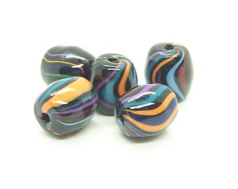 Polymer Clay Beads - Black with Rainbow Swirled Barrel Handmade Beads  Loose Beads for Jewelry Artist Makers