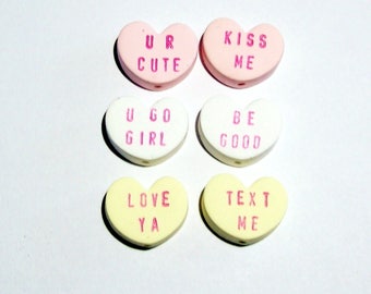 Conversation Heart Beads for Valentine's Day - Handmade from Polymer Clay - Vertical Holes