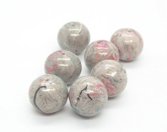 Handmade Polymer Clay Round Beads  Marbled with Muted Gray, Pink, Turquoise, White and Black  Loose Beads for DIY Jewelry Makers  Artisan