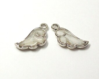 Pair of White Marbled Angel Wings  Jewelry Component Charms -  Polymer Clay in a Stainless Steel Bezel