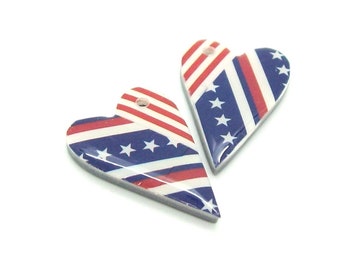 Jewelry Component Charms Patriotic Hearts Red White and Blue - Polymer Clay and Washi Tape - Memorial Day - 4th of July - Jewelry Supplies