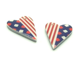 Jewelry Component Charms Patriotic Hearts Red White and Blue - Polymer Clay and Washi Tape - Memorial Day - 4th of July - Jewelry Supplies