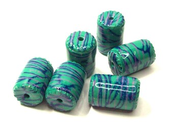 Handmade Polymer Clay Tube Beads - Turquoise with Blue and Pink Lines and Specks of Gold