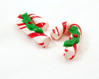Candy Cane Beads with Holly - Handmade Polymer Clay Beads