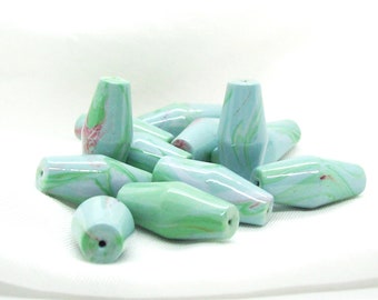 Handmade Polymer Clay Blue Green Pink Marbled Beads with a High Gloss Finish  Bicone Loose Artisan Beads  Jewelry Maker's Supplies