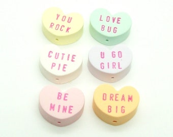 Conversation Heart Beads for Valentine's Day - Handmade from Polymer Clay - Vertical Holes