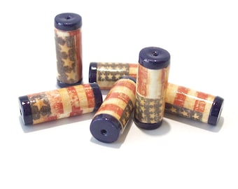 Patriotic Tube Beads -  Paper and Polymer Clay - Stars and Stripes