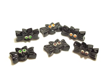 Black Bat Polymer Clay Beads – Rhinestone Eyes, Halloween Craft (Pair)