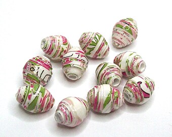 Paper Tube Beads Handmade White Pink Green