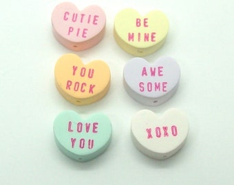 Conversation Heart Beads for Valentine's Day - Handmade from Polymer Clay - Vertical Holes