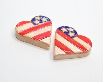 Antiqued Patriotic Flag Heart Beads Handmade from Polymer Clay