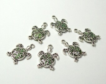 Polymer Clay Filled Stainless Steel Open Bezel Green Sea Turtle with Filigree