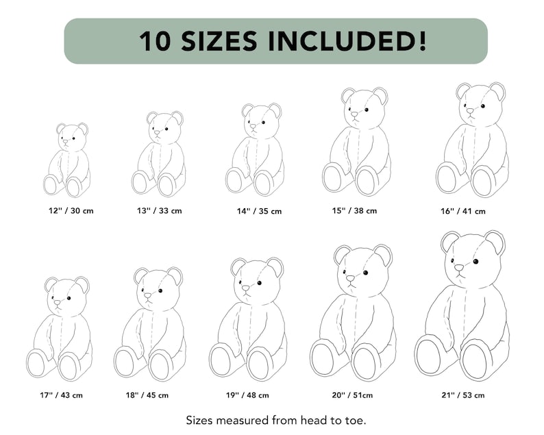 K&ouml;nnte beinhalten: Grafik mit zehn Teddyb&auml;rgr&ouml;&szlig;en, von 30 cm bis 53 cm hoch. Der Text "10 GR&Ouml;SSEN ENTHALTEN!" steht oben. Jeder B&auml;r ist eine Strichzeichnung, und die Gr&ouml;&szlig;en werden vom Kopf bis zu den Zehen gemessen.
