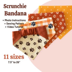Può includere: Bandane con scrunchie in vari modelli, tra cui impronte di zampe, floreali e a quadri. Le bandane sono disponibili in 11 taglie, da 19,05 cm a 66,04 cm. L'immagine include anche il testo "Scrunchie Bandana" e "11 taglie 7.5" a 26"", più istruzioni.