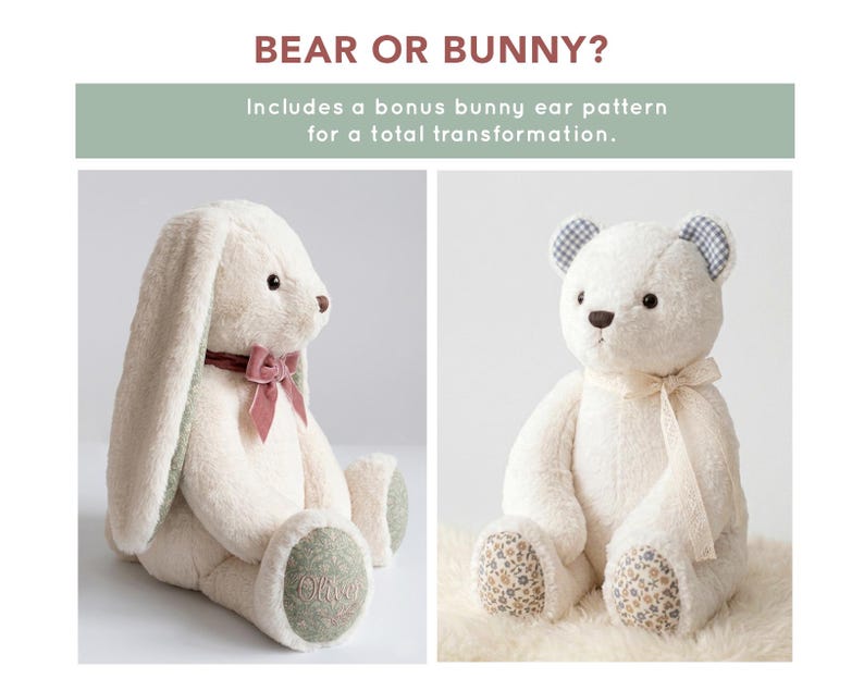 K&ouml;nnte beinhalten: Zwei Pl&uuml;schtiere: ein Hase mit langen Ohren und ein B&auml;r mit runden Ohren. Der Hase hat eine rosa Schleife und der B&auml;r ein cremefarbenes Band. Der Text "BEAR OR BUNNY?" und "Includes a bonus bunny ear pattern for a total transformation" stehen oben.