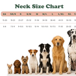 May include: A neck size chart with measurements in inches and centimeters. The chart displays sizes XS to XXL, with corresponding neck circumferences ranging from 6-25 inches. Several dog breeds are shown to illustrate the size ranges.