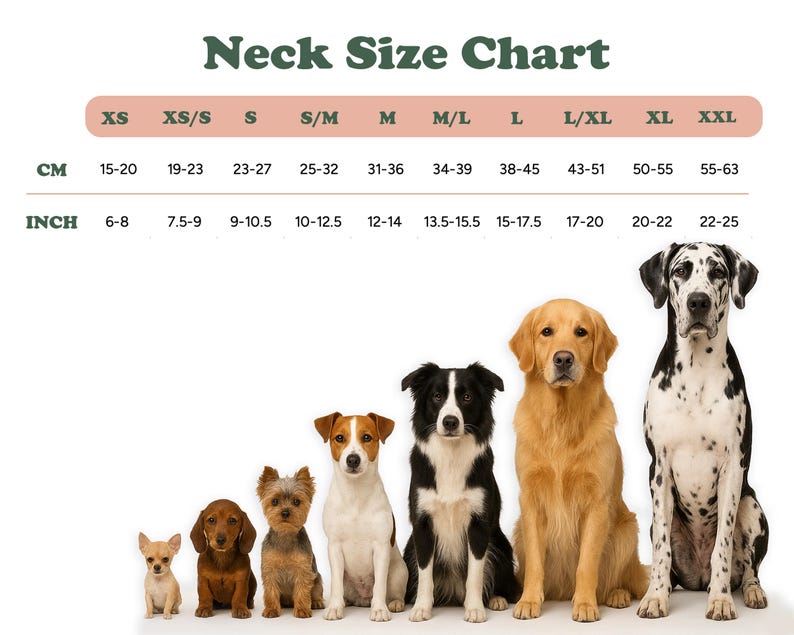 May include: A neck size chart with measurements in inches and centimeters. The chart displays sizes XS to XXL, with corresponding neck circumferences ranging from 6-25 inches. Several dog breeds are shown to illustrate the size ranges.