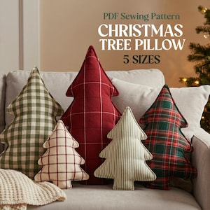 May include: Five Christmas tree-shaped cushions in various fabric patterns including green gingham, red plaid, cream grid, cream pinstripe, and dark green tartan. Text reads: PDF Sewing Pattern CHRISTMAS TREE PILLOW 5 SIZES.