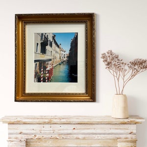 Venice/Italy/Canal/ Architecture/Color/Building/Travel,/Framed Photograph/Europe/Wall Art/Blue Sky,/red and white striped bricole/home decor