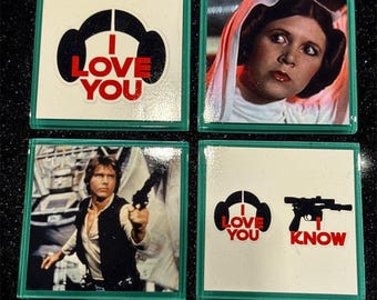 Star Wars Glass Coaster Set – “I Love You / I Know” Han & Leia | Handmade Sci-Fi Coasters | Geek Gift | Nerdy Home Décor | Movie Quote Coast