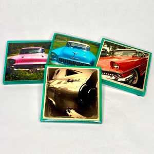 Glass Coaster Set (4) Pcs/Chevy/Thunderbird/ClassCars/Custom/Man Cave/Affordable Gift/Car Lover/Antique/Chevrolet/birthday gift/Muscle Car