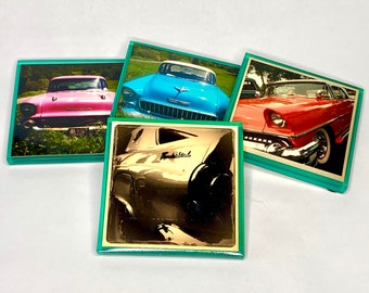 Glass Coaster Set (4) Pcs/Chevy/Thunderbird/ClassCars/Custom/Man Cave/Affordable Gift/Car Lover/Antique/Chevrolet/birthday gift/Muscle Car