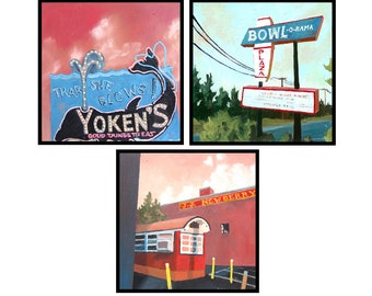Set of 3 Roadtrip Magnets- Portsmouth, NH (Yoken's, Gilley's Hot Dogs, Bowl-o-Rama) bowling alley - new hampshire - Route 1 New Hampshire