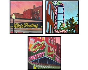 Set of 3 Roadtrip Magnets- Boston North End - Little Italy Boston - (Mike's Pastry, Modern Pastry, Cantina Italiana) retro neon signs - city