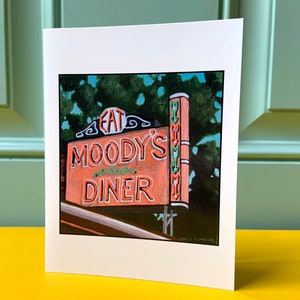 Moody&#39;s Diner greeting card - maine - vintage diner - neon sign - Waldoboro Maine Scene - Maine Vacation Artwork - Retro Maine Greeting Card