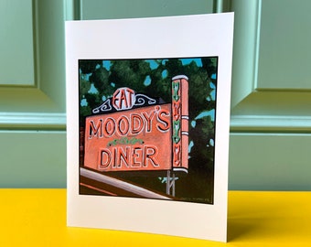 Moody's Diner greeting card - maine - vintage diner - neon sign - Waldoboro Maine Scene - Maine Vacation Artwork - Retro Maine Greeting Card